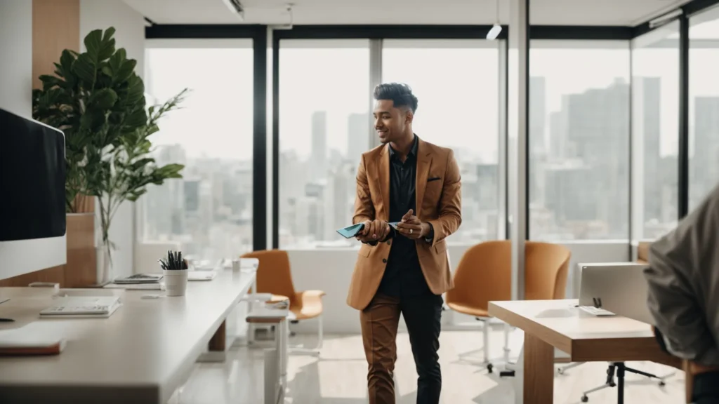 a social media influencer and a brand representative shake hands in a bright, modern office, sealing a new partnership deal.