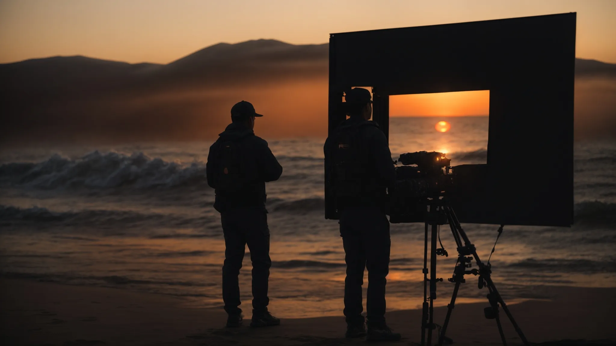 a director sits behind the camera, framing a sunset scene where a protagonist's silhouette overcomes an obstacle, symbolizing triumph and brand spirit.