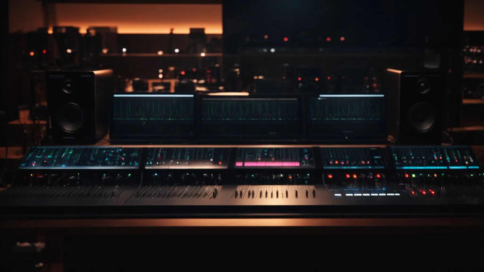 a sleek audio mixer with multiple sliders and knobs sits ready on a streamer's desk amidst the glow of computer screens.
