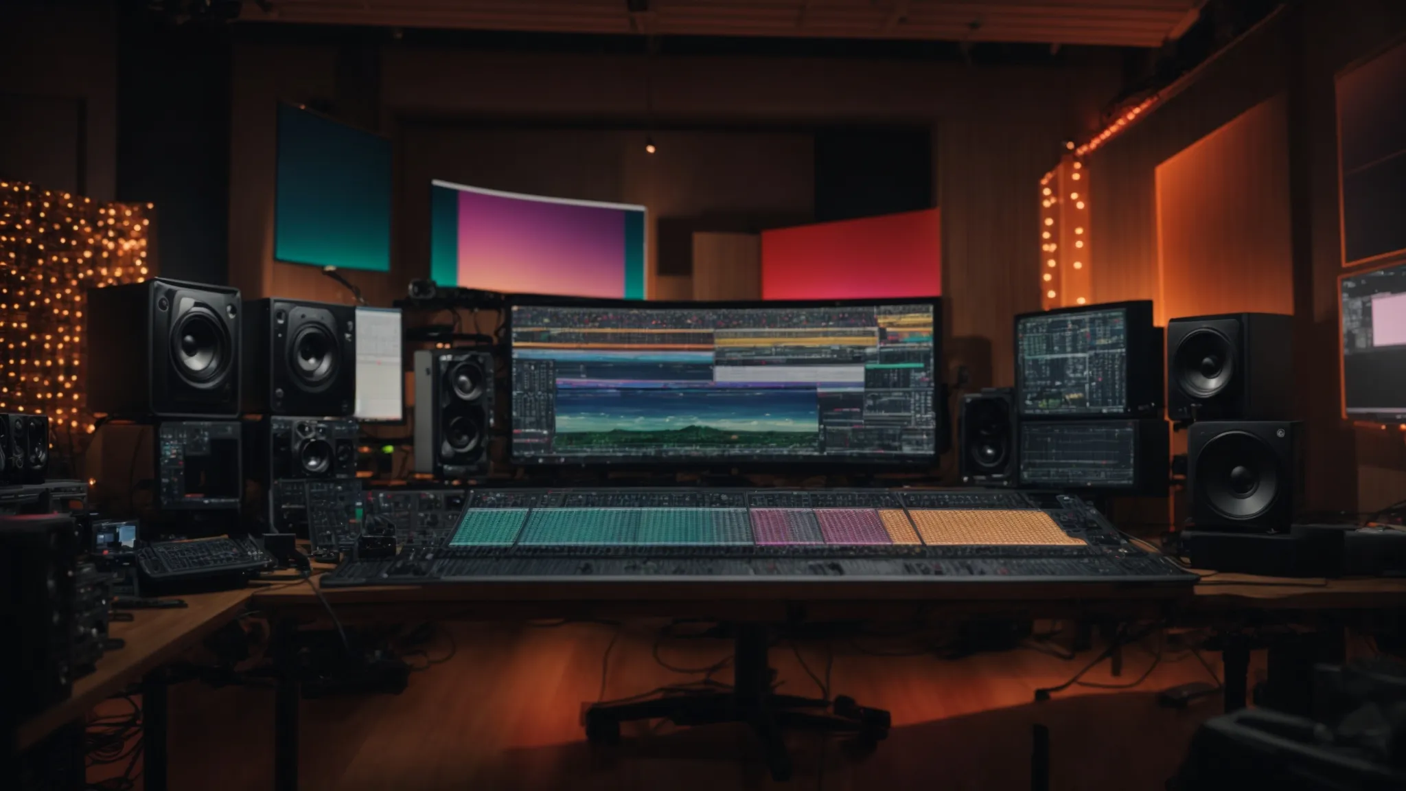 a studio space filled with an array of digital devices interconnected, all focused on a central monitor displaying a colorful, live broadcast interface.