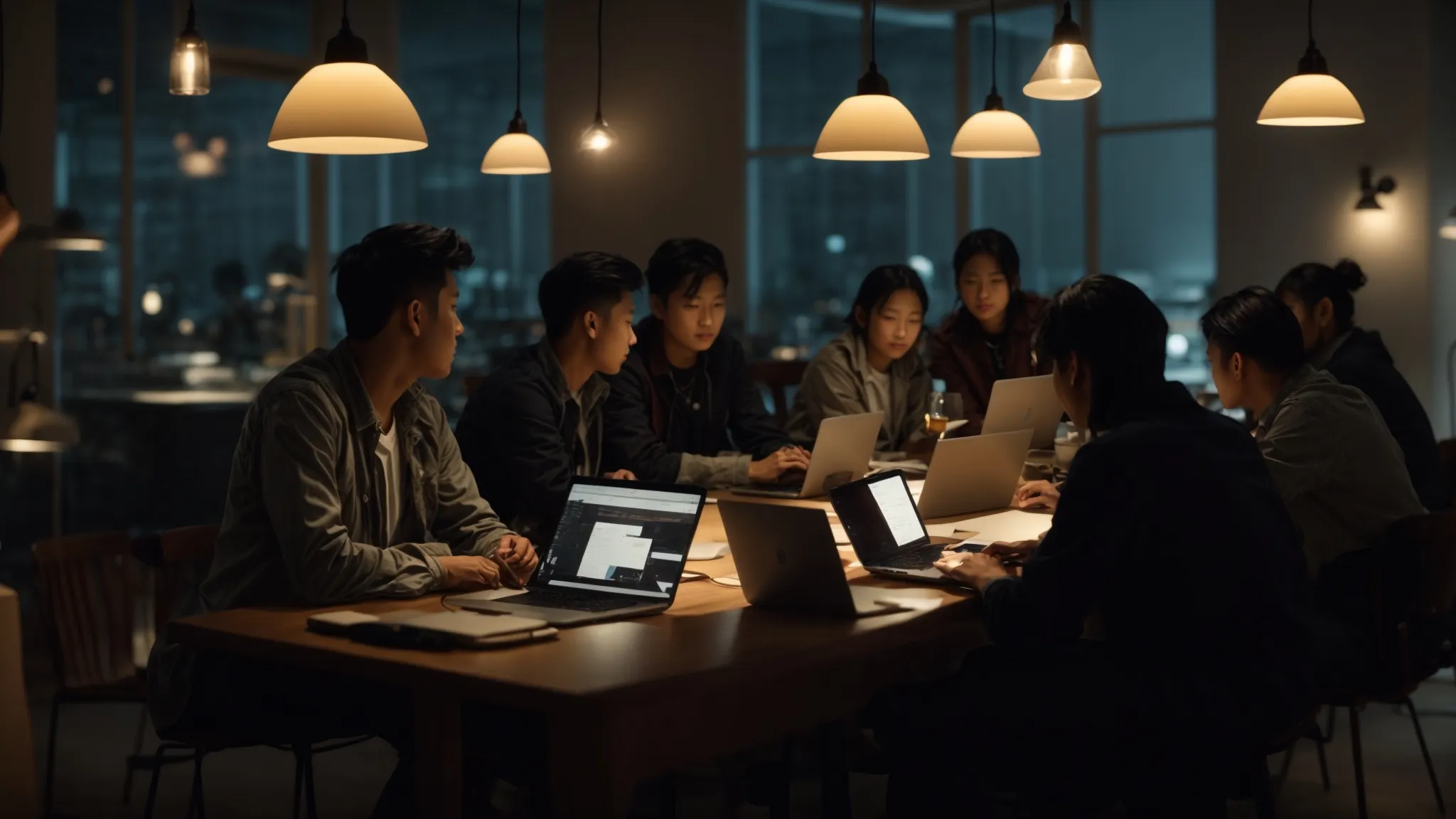 a group of individuals gathered around a large table, animatedly discussing over open laptops and notebooks under the soft glow of pendant lights.