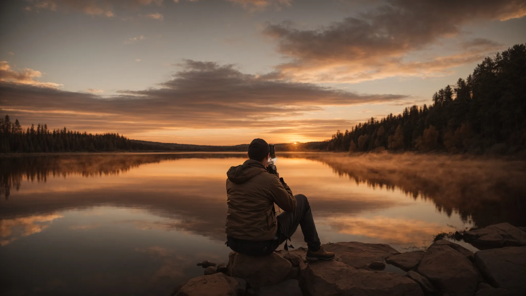 a filmmaker adjusts their camera to capture the golden hues of sunset over a serene lake, emphasizing the emotional tone of the story.