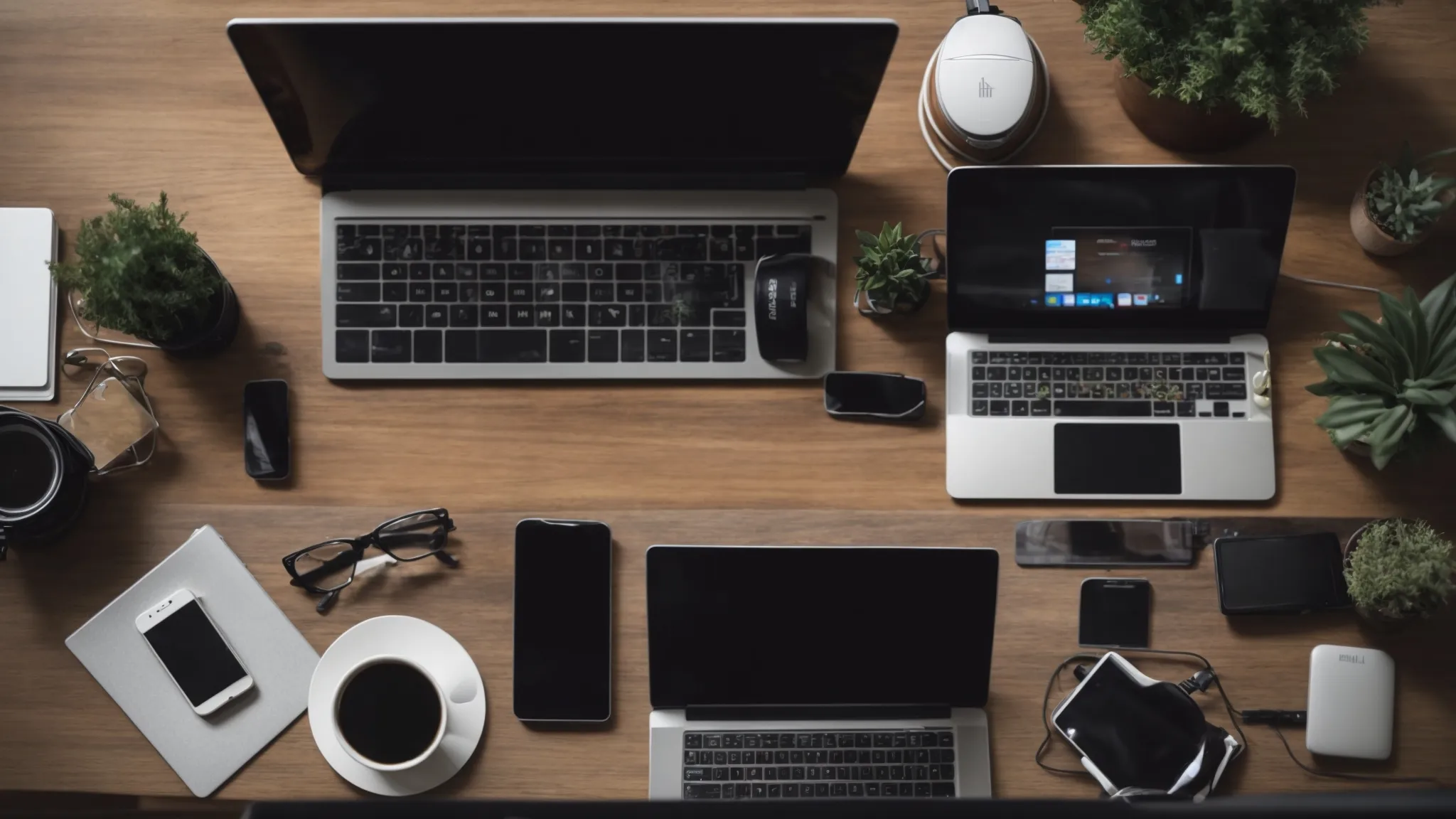 a top-down view of a modern office desk with a dual-monitor computer setup, an open laptop, and scattered around are various devices like smartphones and tablets displaying social media apps.