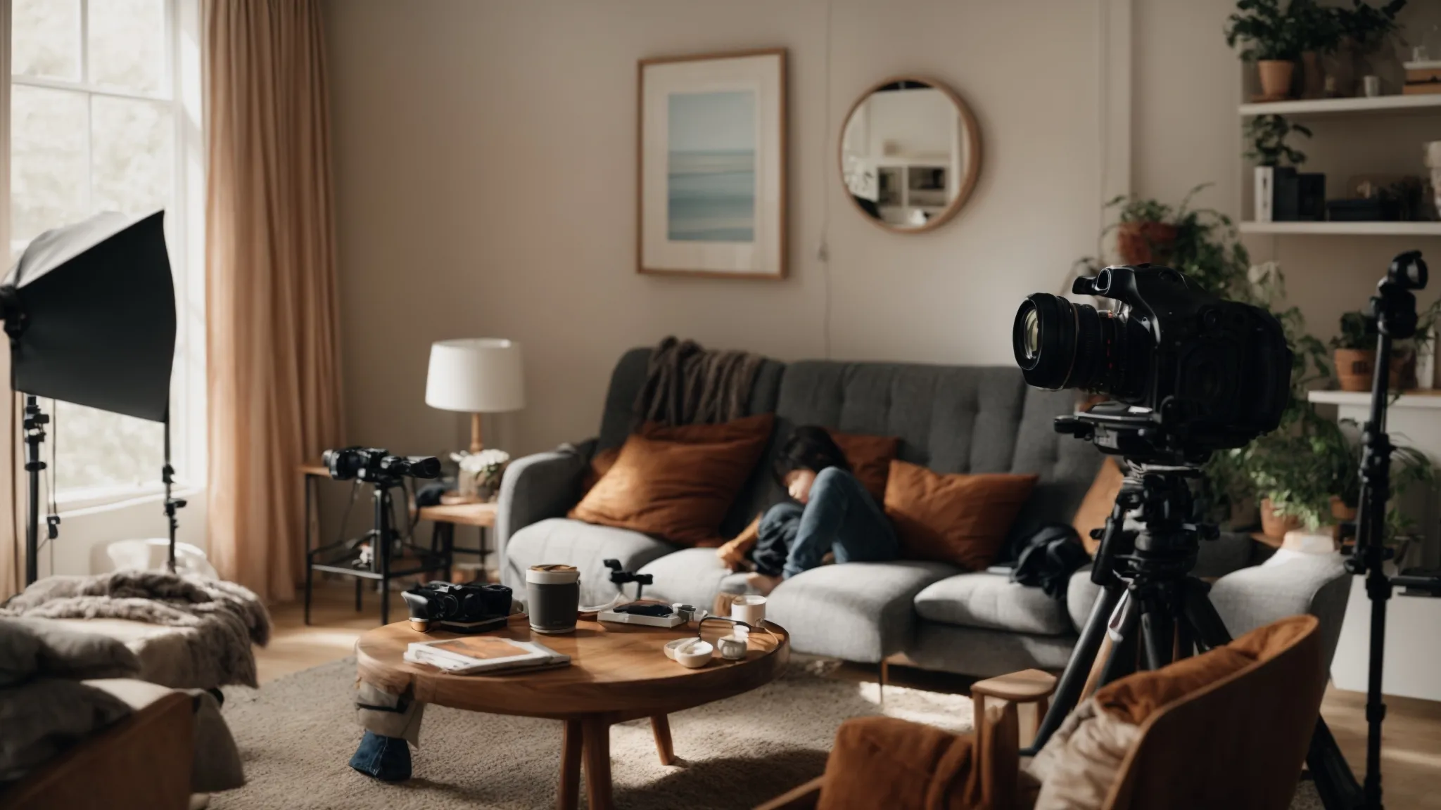 a content creator filming themselves with a new product in a well-lit, cozy living room setup.