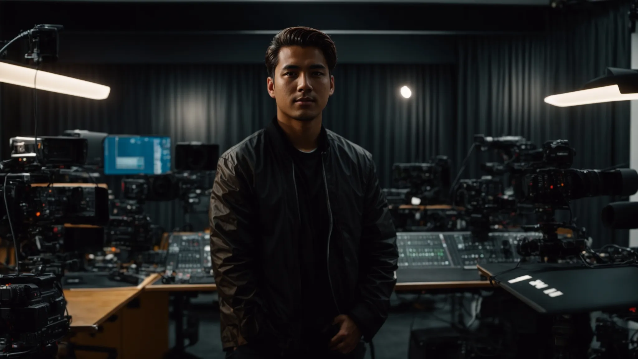 a content creator stands confidently in a professional studio, surrounded by video equipment, engaging directly with the camera.