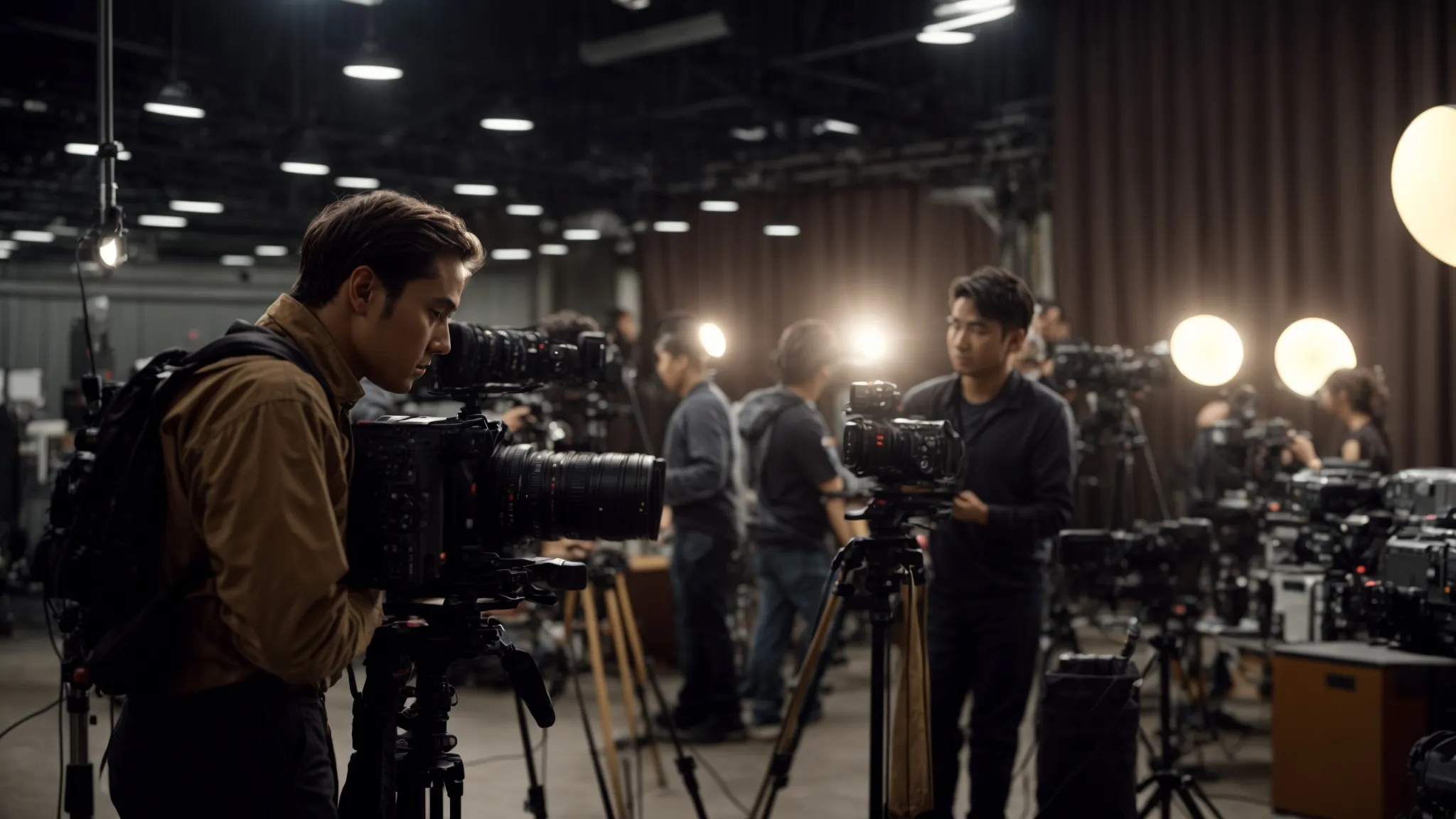 a filmmaker adjusts a camera while a team sets up lighting and scenery in a bustling film studio.