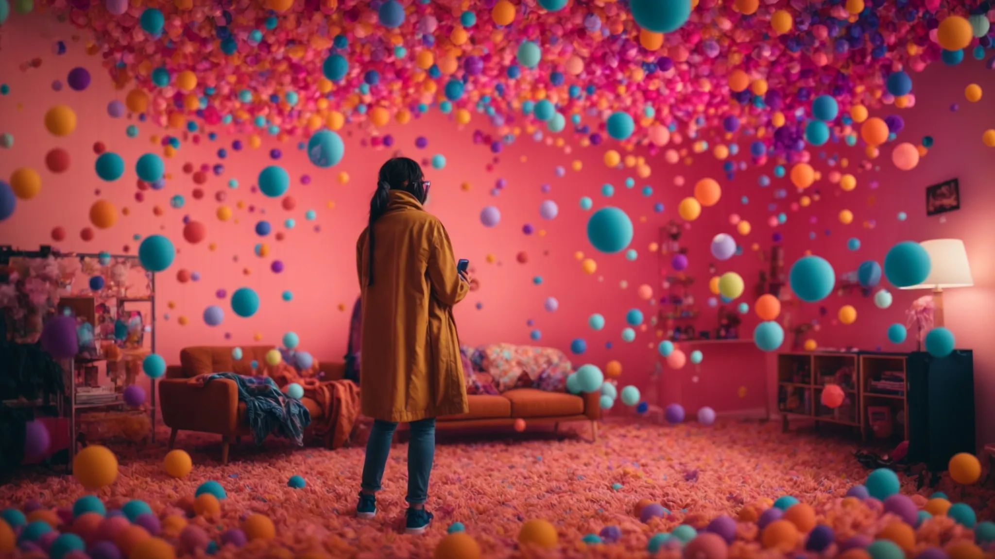 a social media influencer stands in a room while colorful virtual objects and animations swirl around them, captured by a smartphone.