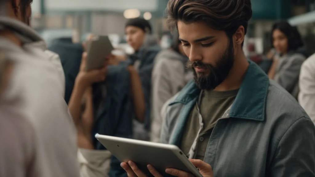 a person is thoughtfully reading comments on a tablet screen.