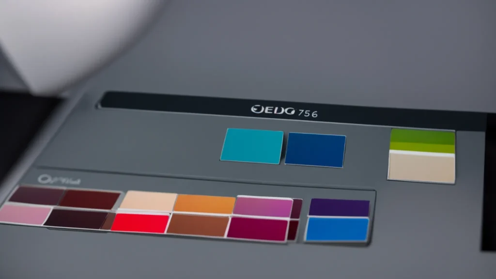 a sleek camera focusing on a rack of vibrant paint swatches under studio lights.