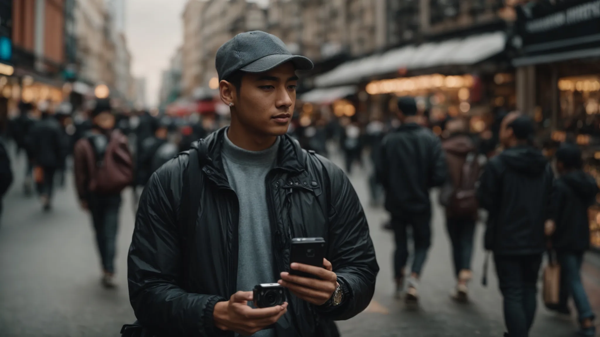 a social media influencer stands in a bustling city street, holding a smartphone attached to a gimbal, ready to start a live stream.