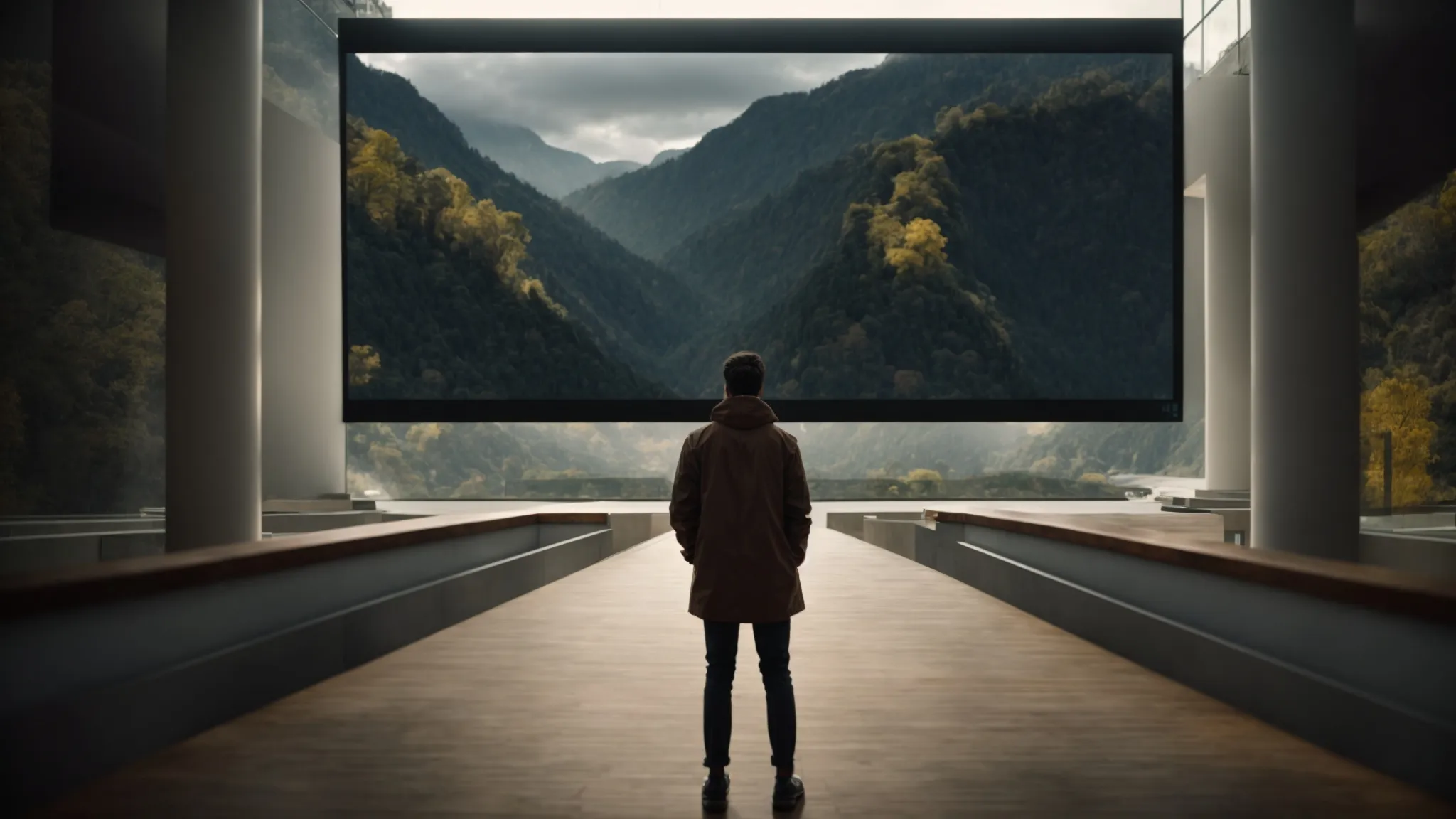 a person is deeply engaged in watching a captivating video on a large screen, visibly moved by the unfolding story.