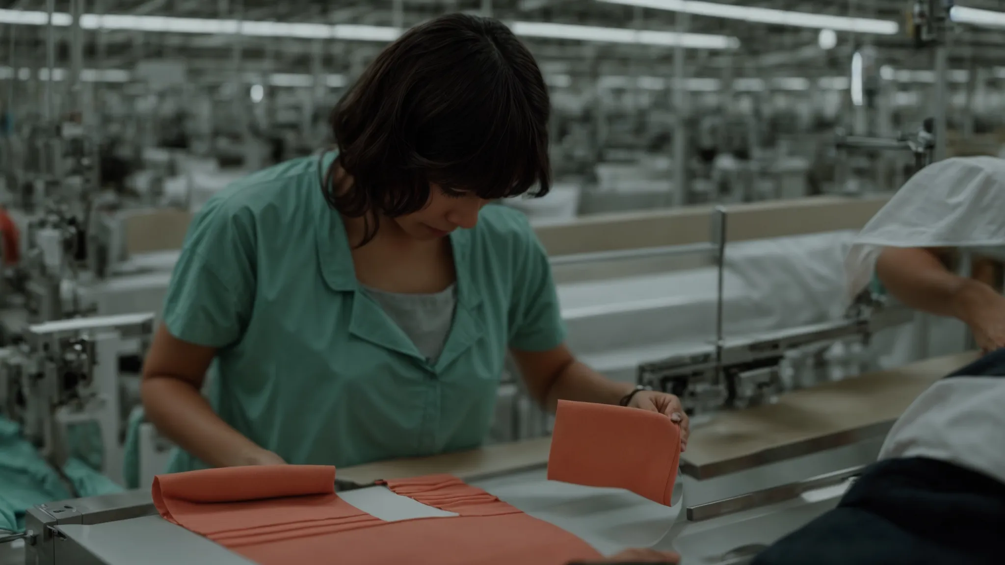 a content creator examines a fabric swatch while consulting a production line in a sustainable garment factory.