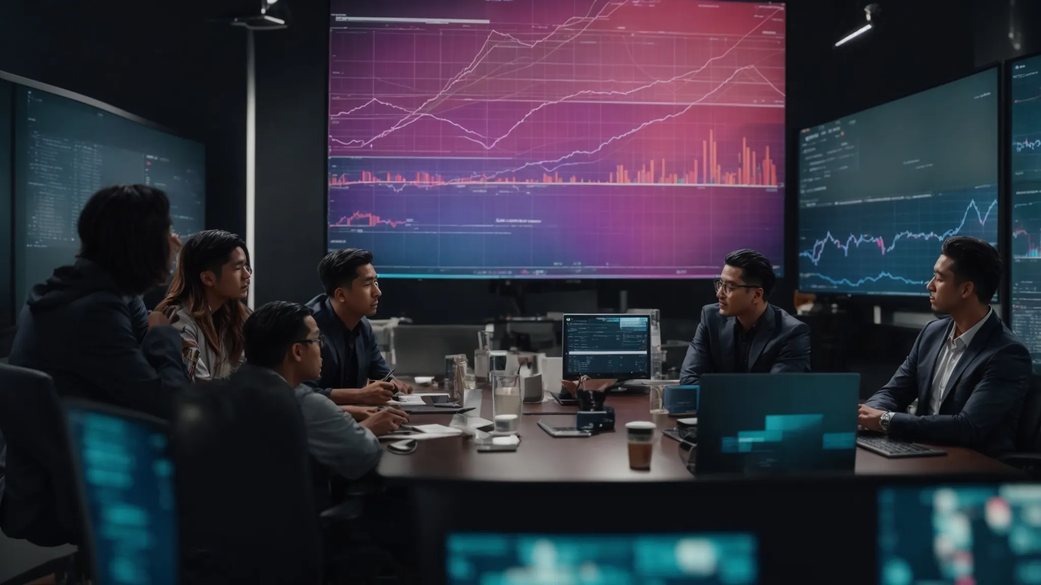 a team of professionals gathered around a large digital screen, analyzing vibrant social media data charts.