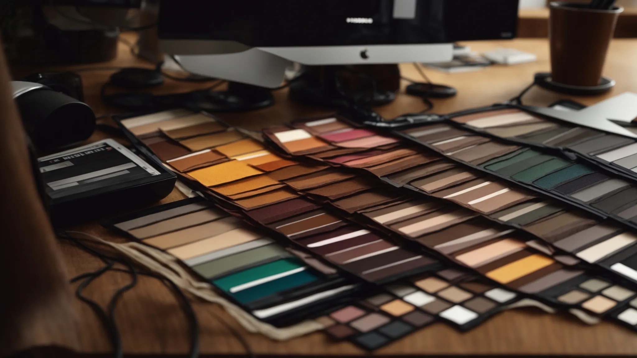 a palette of vibrant and earth-toned swatches sits on a designer's workspace, illuminated by the soft glow of a computer screen displaying video editing software.