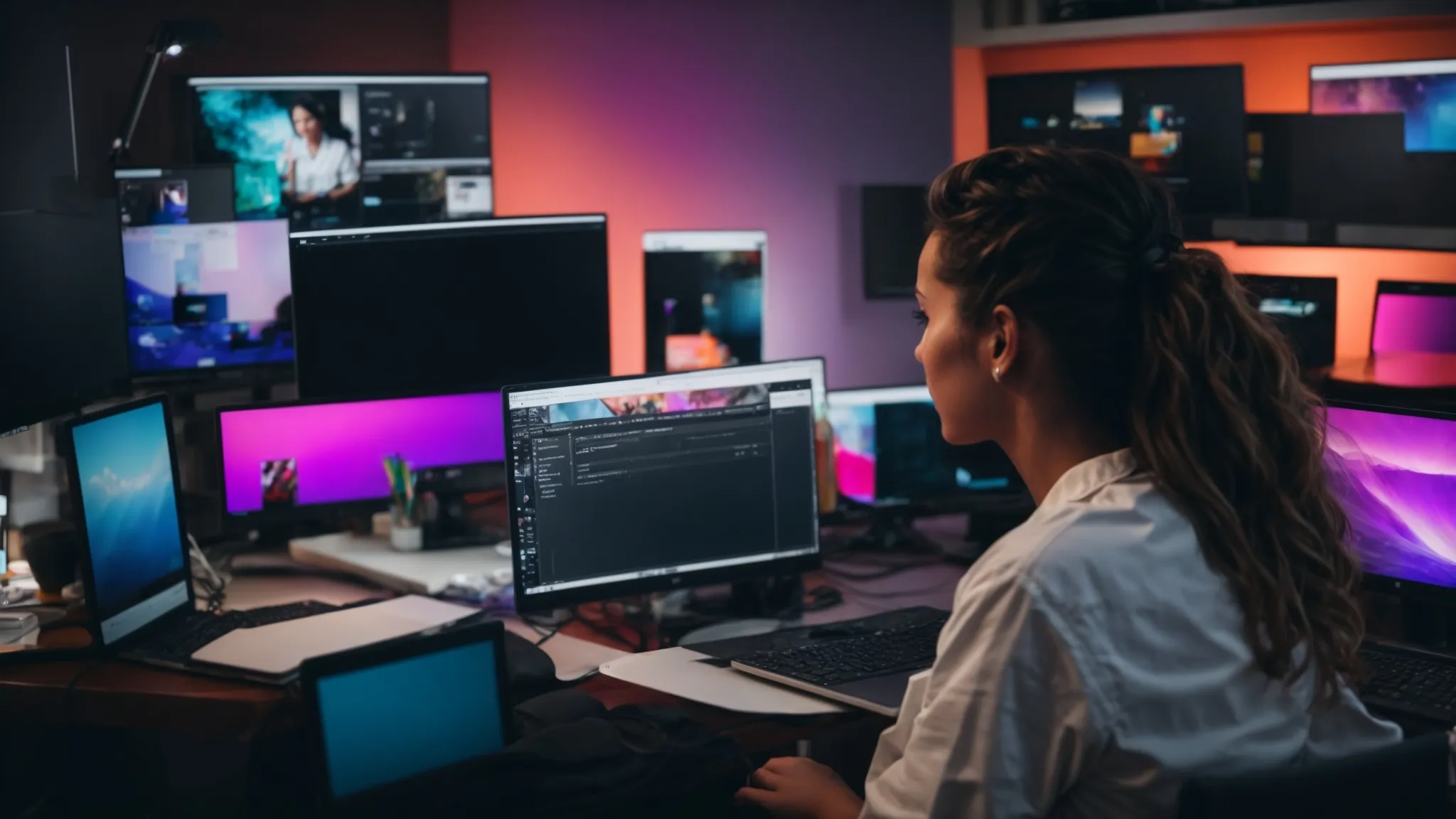 a video creator sits in front of a computer, colorfully editing a brand's social media video campaign.