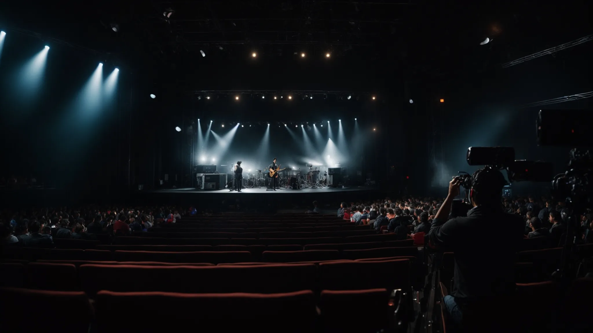 a person is live streaming a concert stage with professional video equipment, capturing the performance for online viewers.