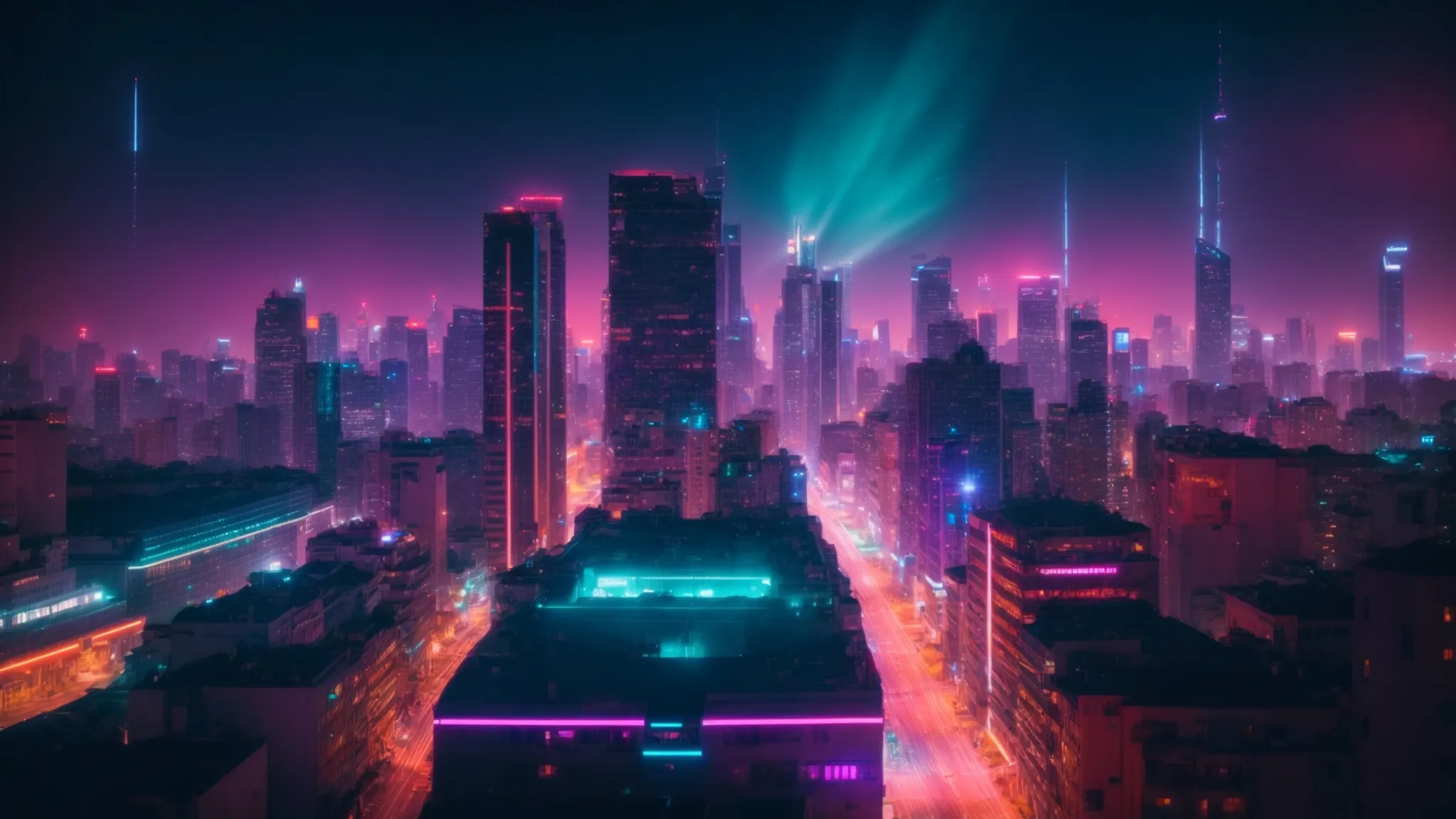 a futuristic cityscape with buildings illuminated in vibrant, shifting colors under a night sky.