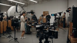 a filmmaker adjusts a camera setup in a bustling studio filled with props and lighting equipment.