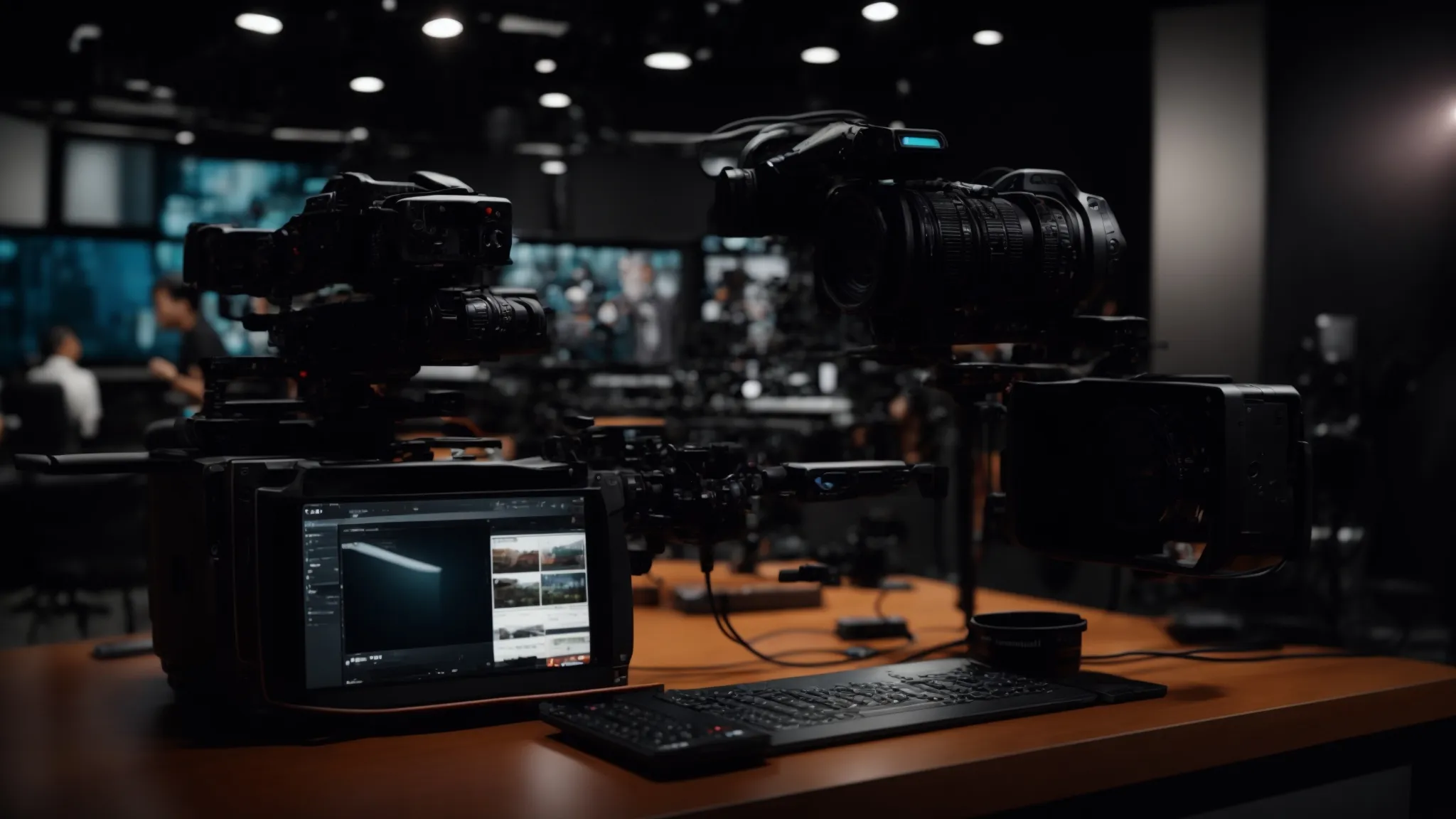 a content creator engages with a broadcast studio setup, showcasing a product to the camera, reflecting a high-quality, interactive viewing experience.