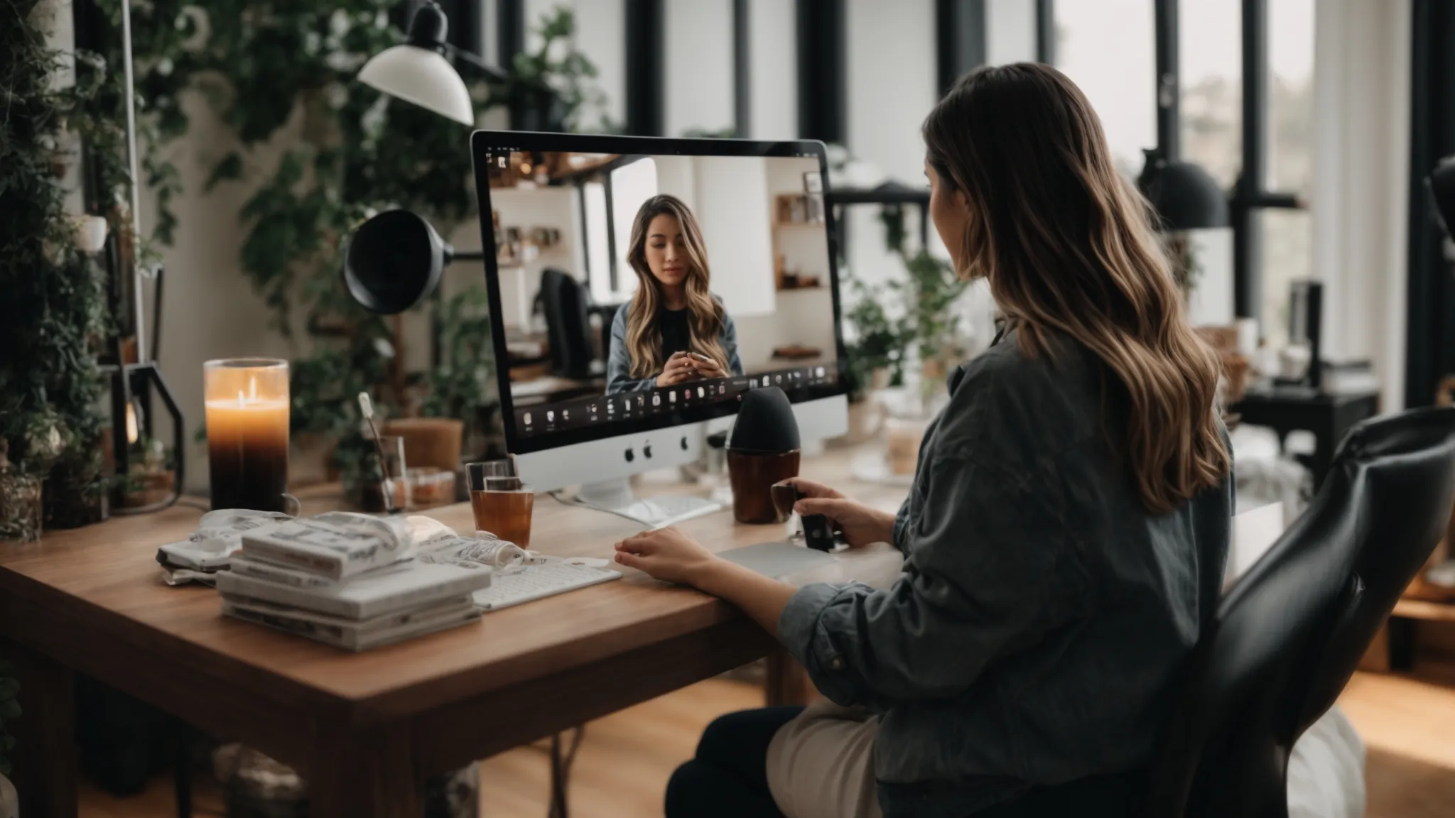 a social media influencer discusses a product in a well-lit home studio, subtly weaving in its benefits while a clickable overlay appears on screen.