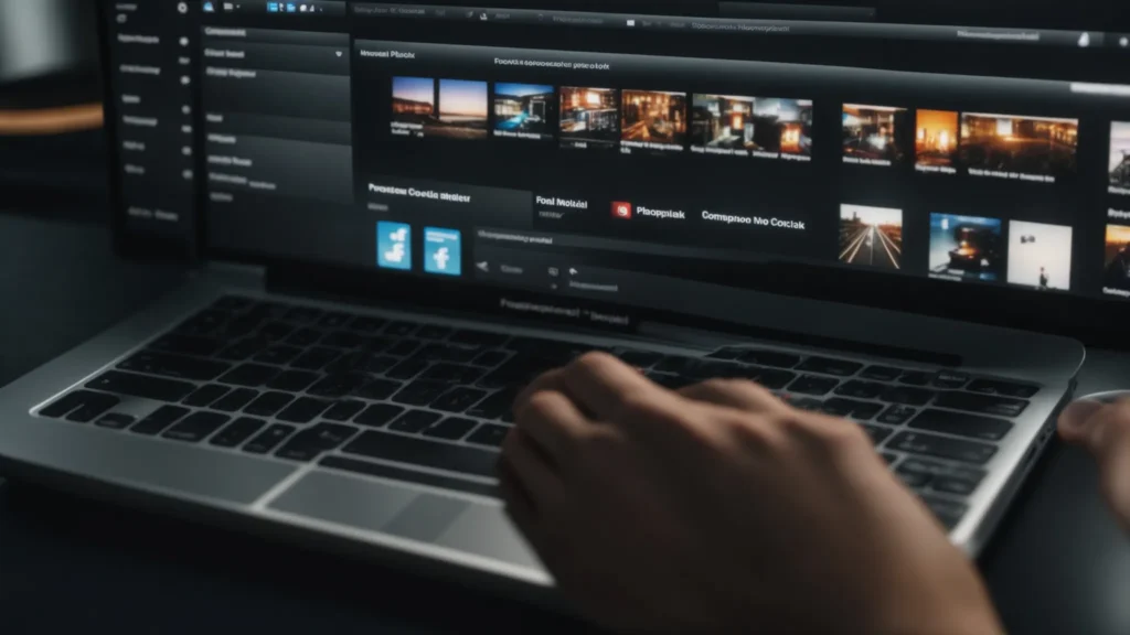 a person clicks on video upload options on a computer screen showcasing different social media platform icons.