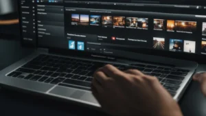 a person clicks on video upload options on a computer screen showcasing different social media platform icons.