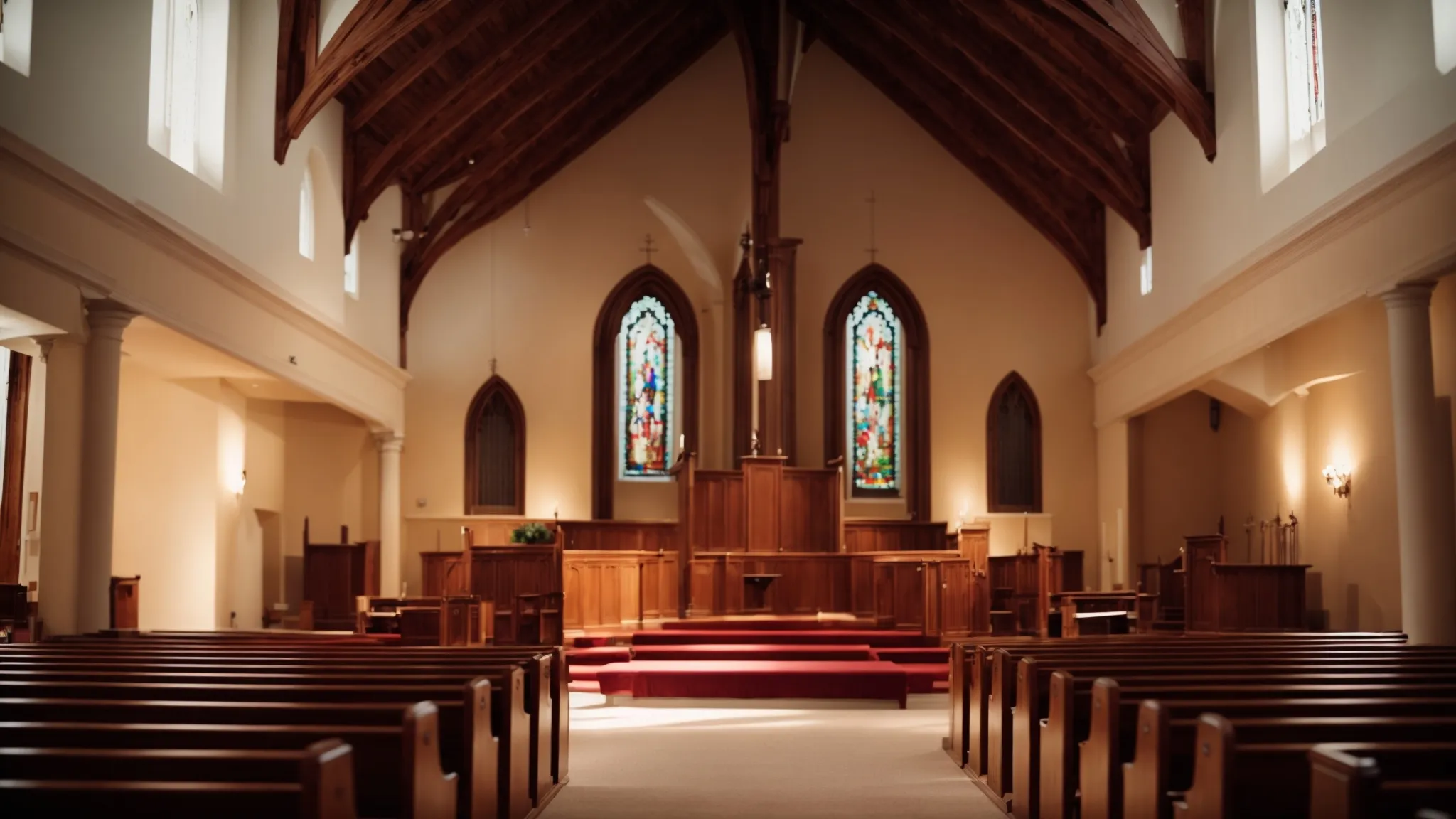a camera positioned in front of a pulpit inside a spacious, well-lit church, with empty pews in the background.