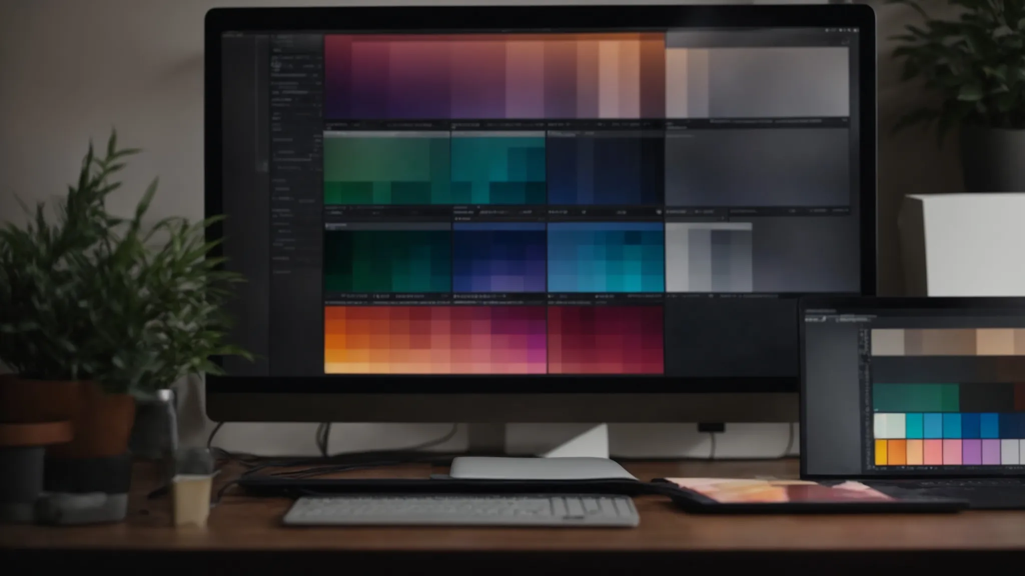 a palette of vibrant and muted colors lies next to graphic design software on a computer screen, showcasing a logo design in progress.
