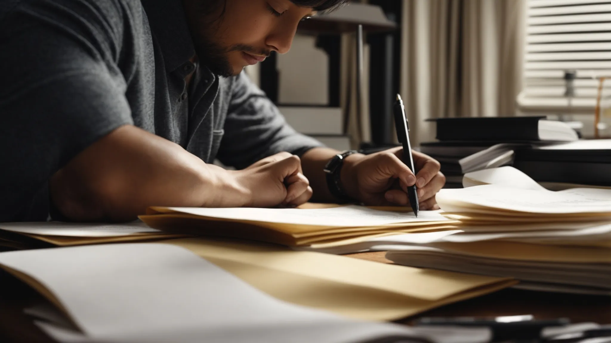 a focused individual sits at a clutter-free desk, intently reviewing documents with a pen in hand.