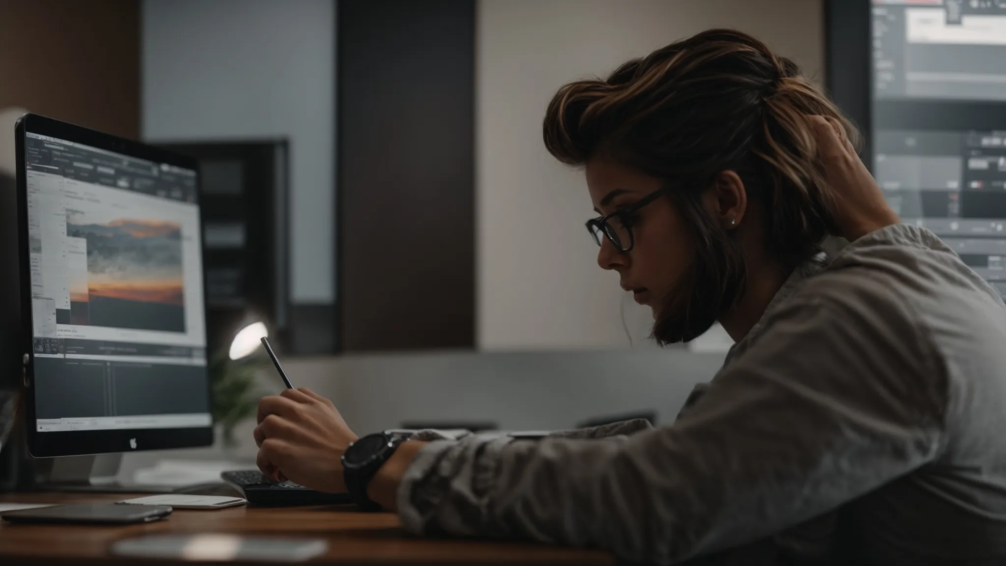 a content creator reviews compliance guidelines on their computer while editing a marketing video.