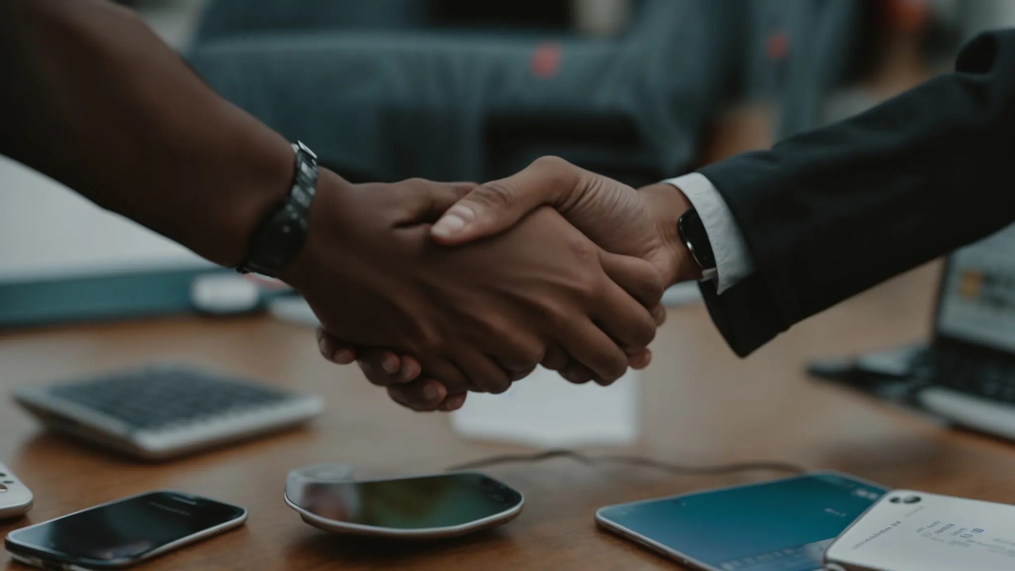 two people shaking hands across a table, with a computer displaying social media analytics on the screen.