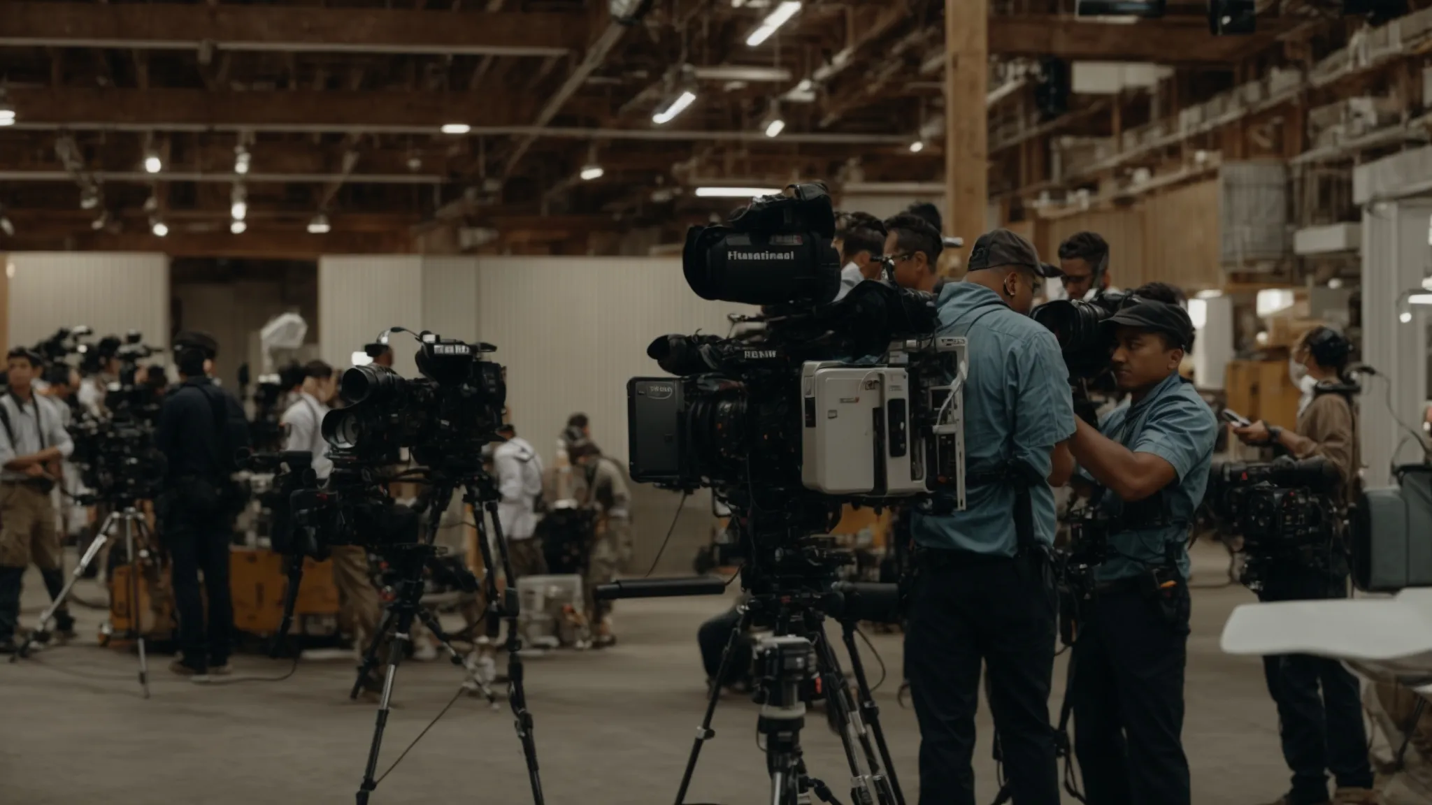 a film crew working attentively behind the camera on a bustling movie set.