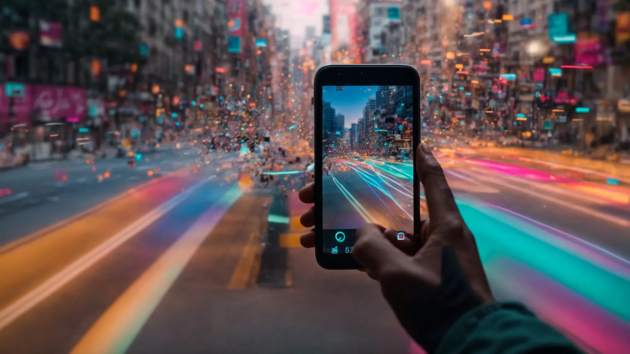 a creator points a smartphone towards themselves, capturing a video with dynamic, colorful ar effects overlaying their surroundings, illustrating the melding of reality and digital enhancements.