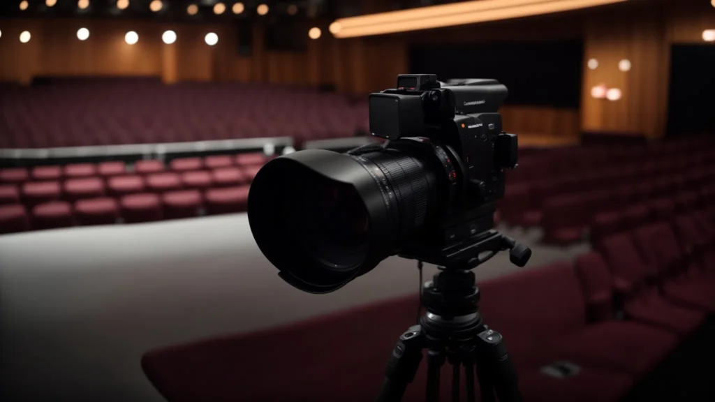 a computer and a camera on a tripod, overlooking an empty stage with ambient lighting.