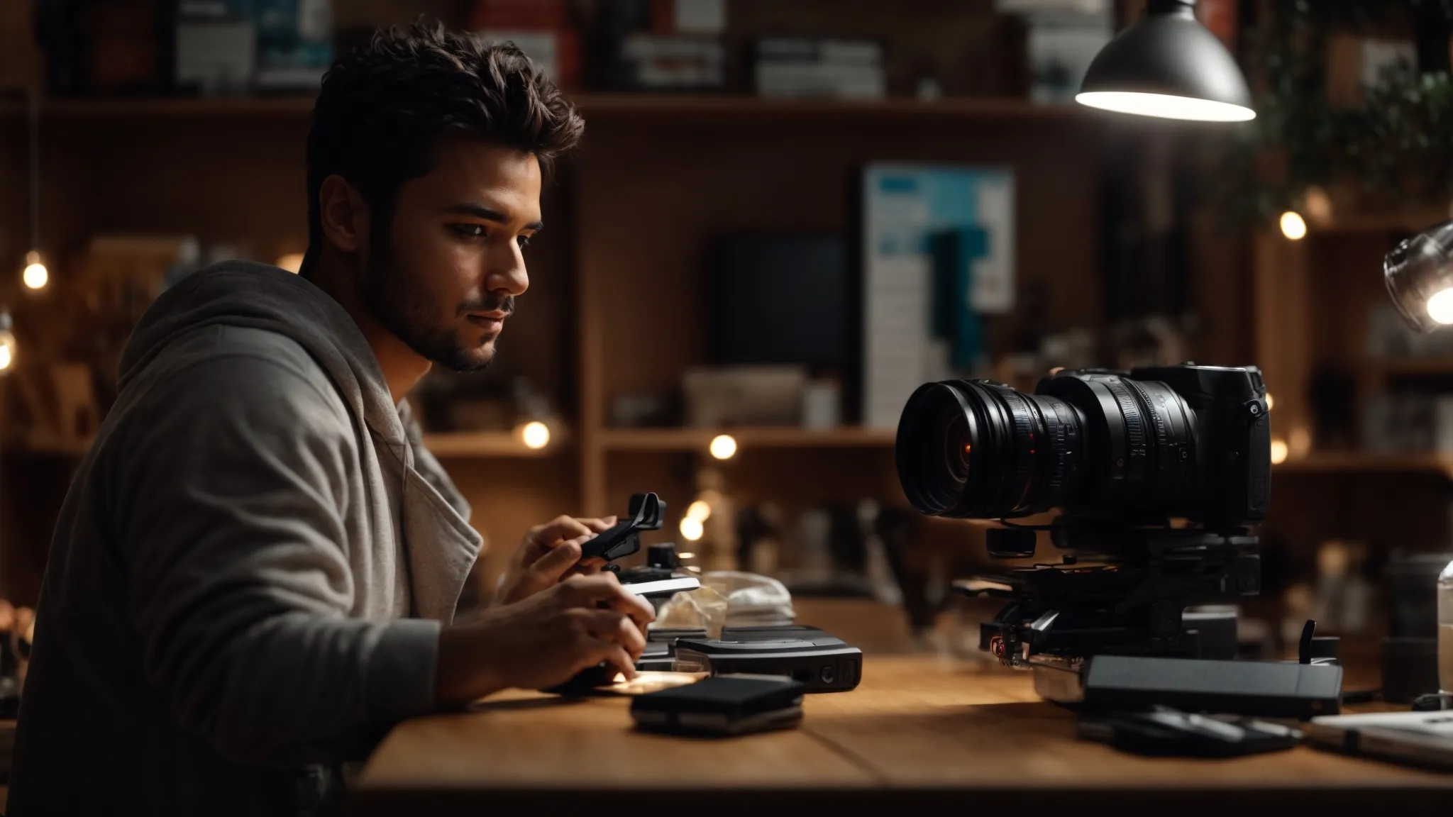a content creator showcases their branded merchandise in an eye-catching, well-lit setting while interacting with followers on a live social media video.