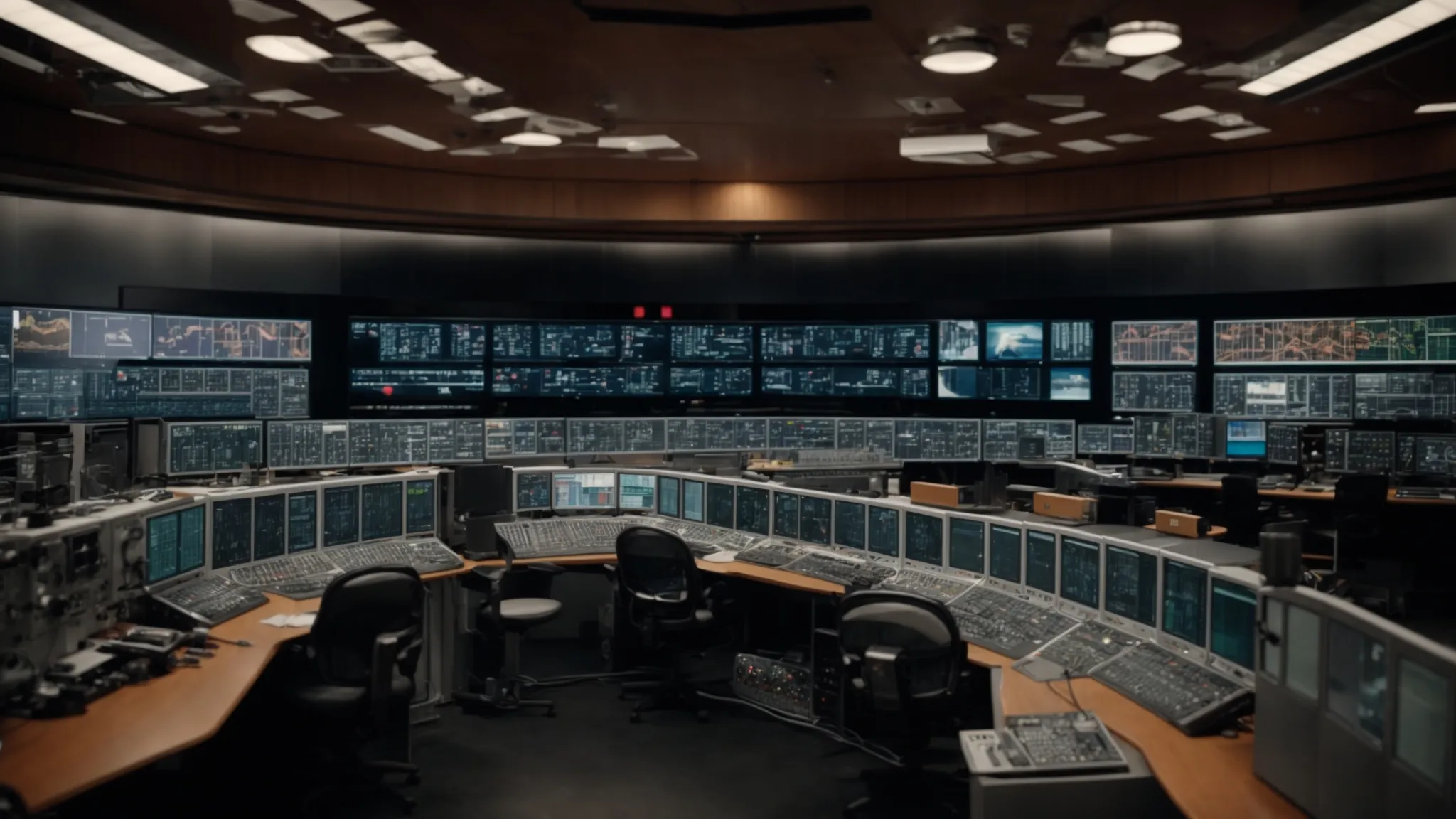 a control room filled with screens displaying various camera angles and automation software interfaces.