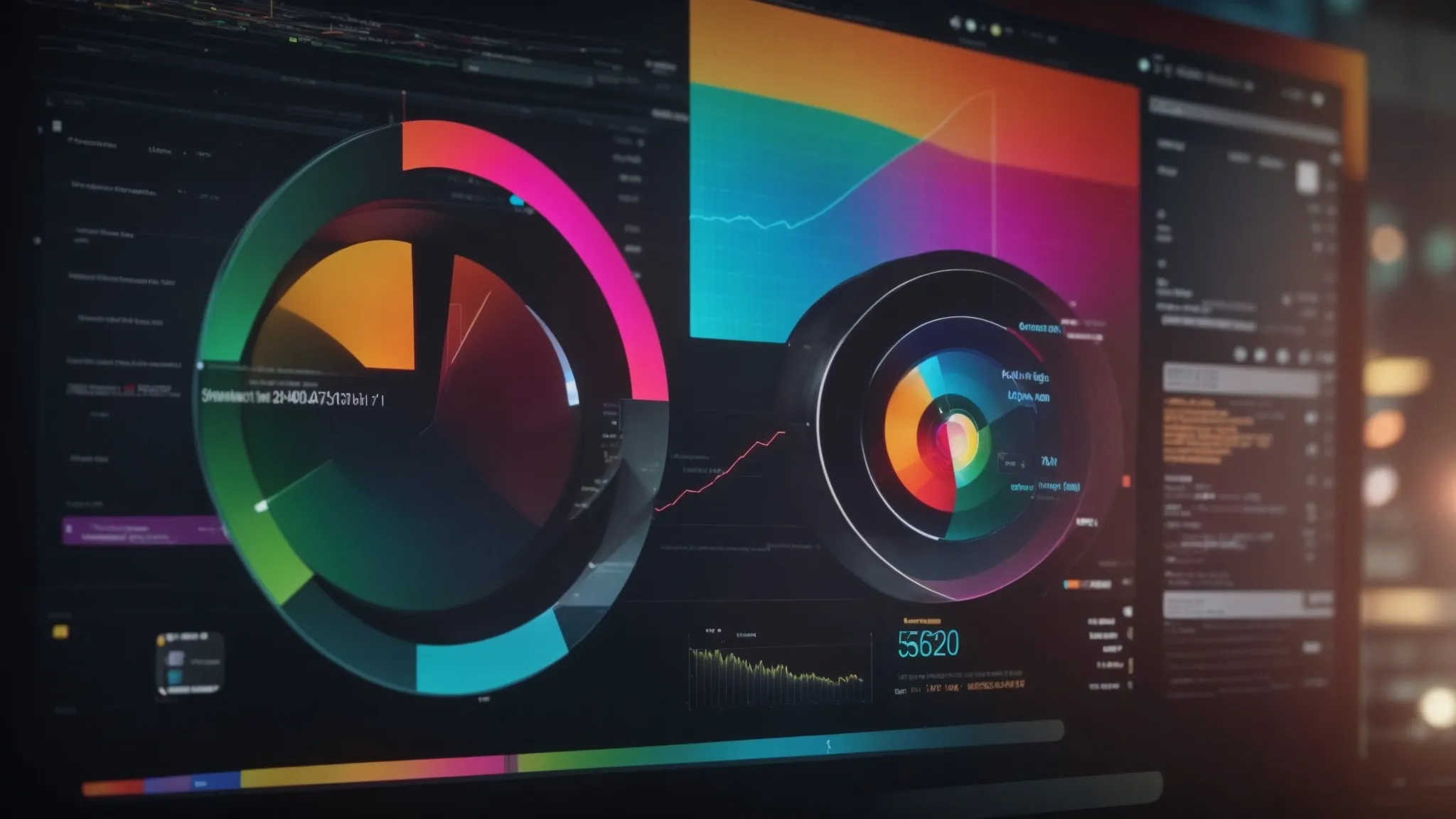 a computer screen displaying colorful graphs and social media icons, with a magnifying glass hovering over it.