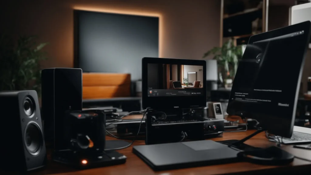a dynamic speaker engaging with an unseen online audience through a brightly lit webcam setup, surrounded by professional streaming equipment.