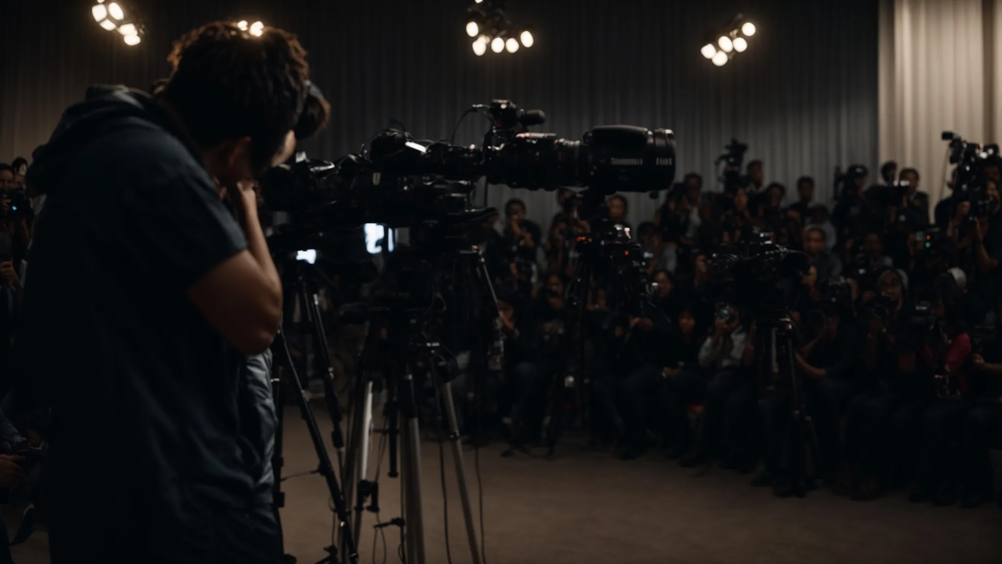 a person addresses an audience through a camera on a tripod, surrounded by soft lighting equipment.