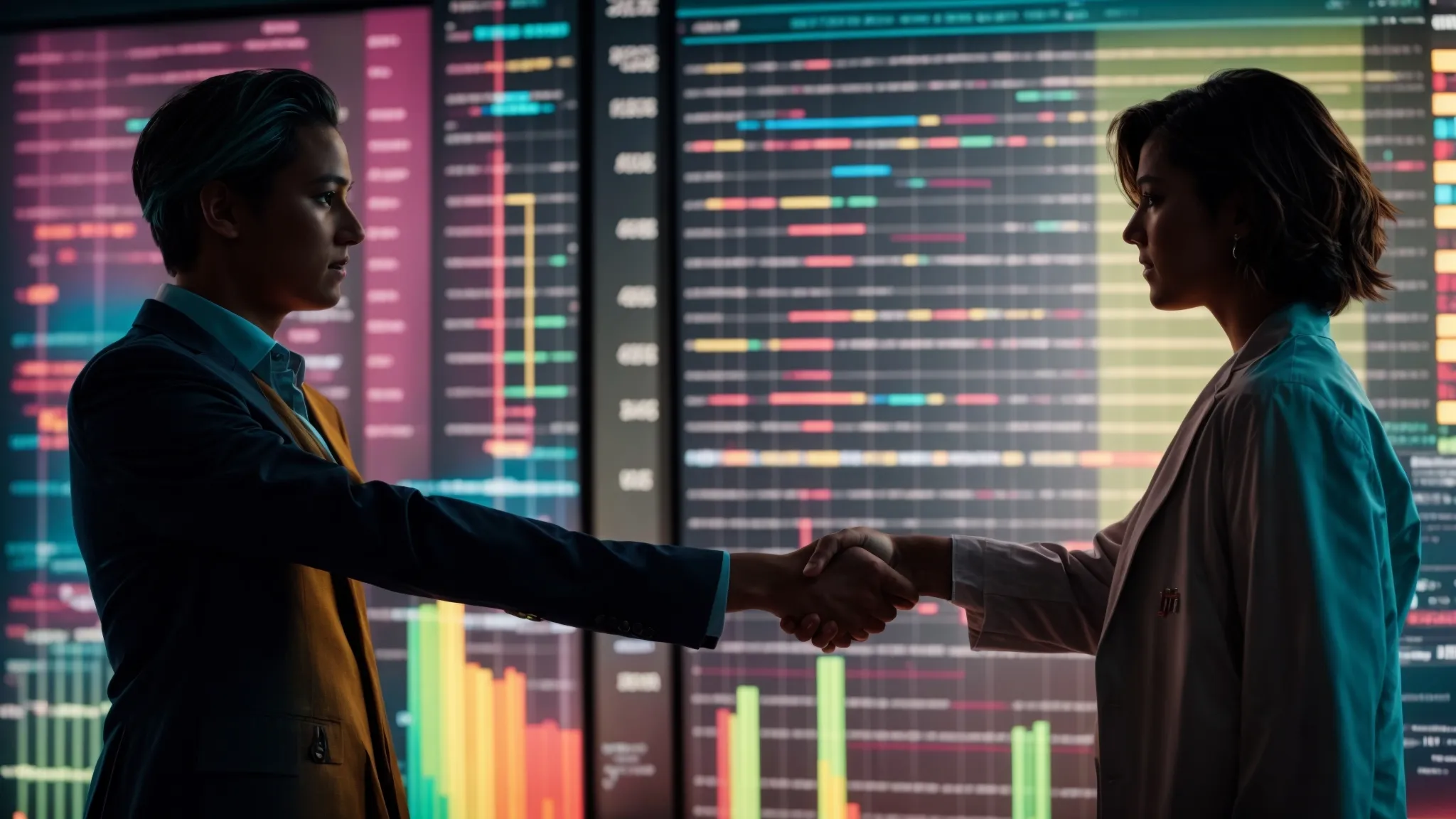 two people shaking hands in front of a bright screen displaying colorful charts and graphs.