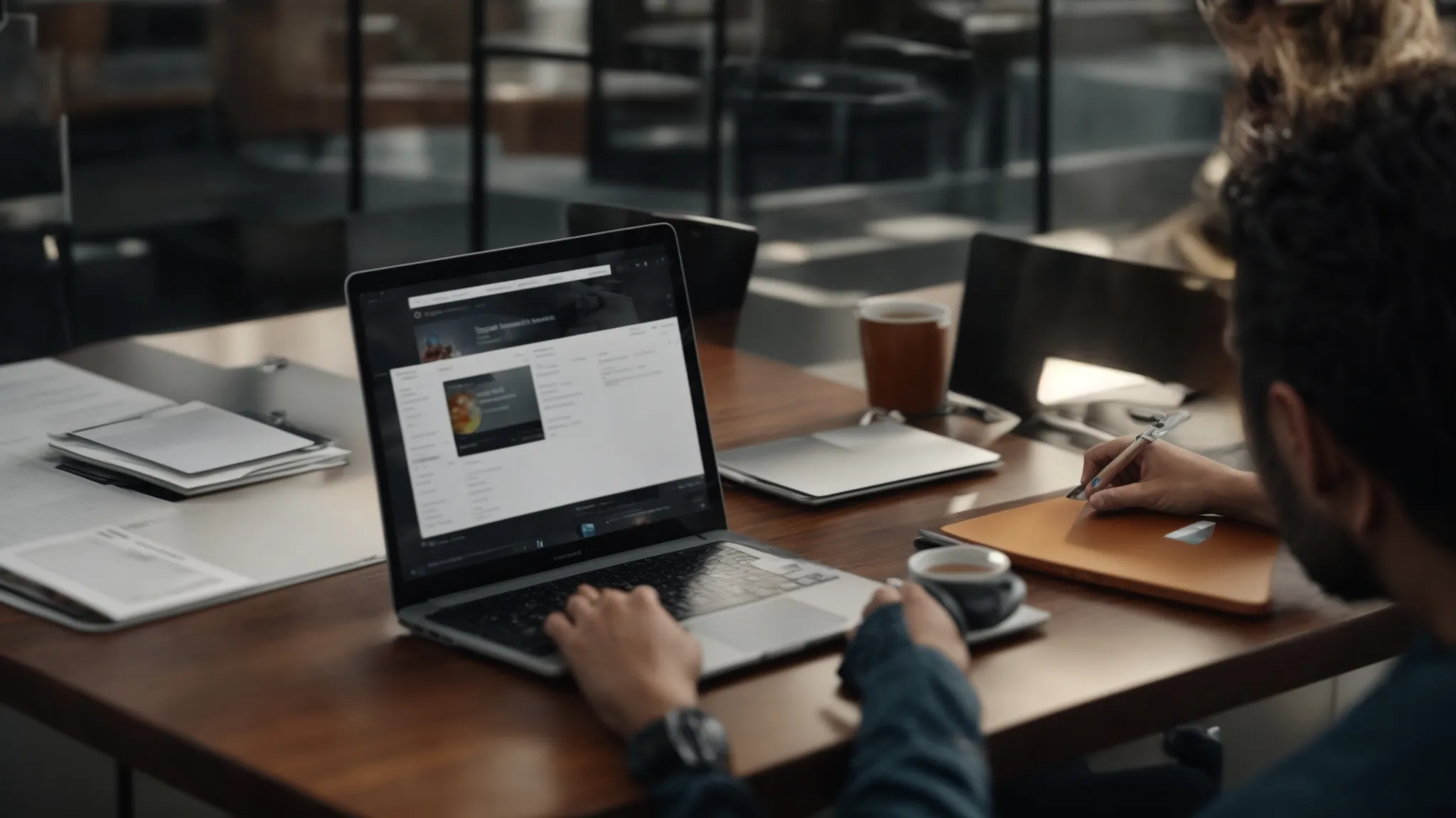 a creator is engaged in a deep discussion with a sponsor across a table, with a laptop open showing a social media analytics dashboard.