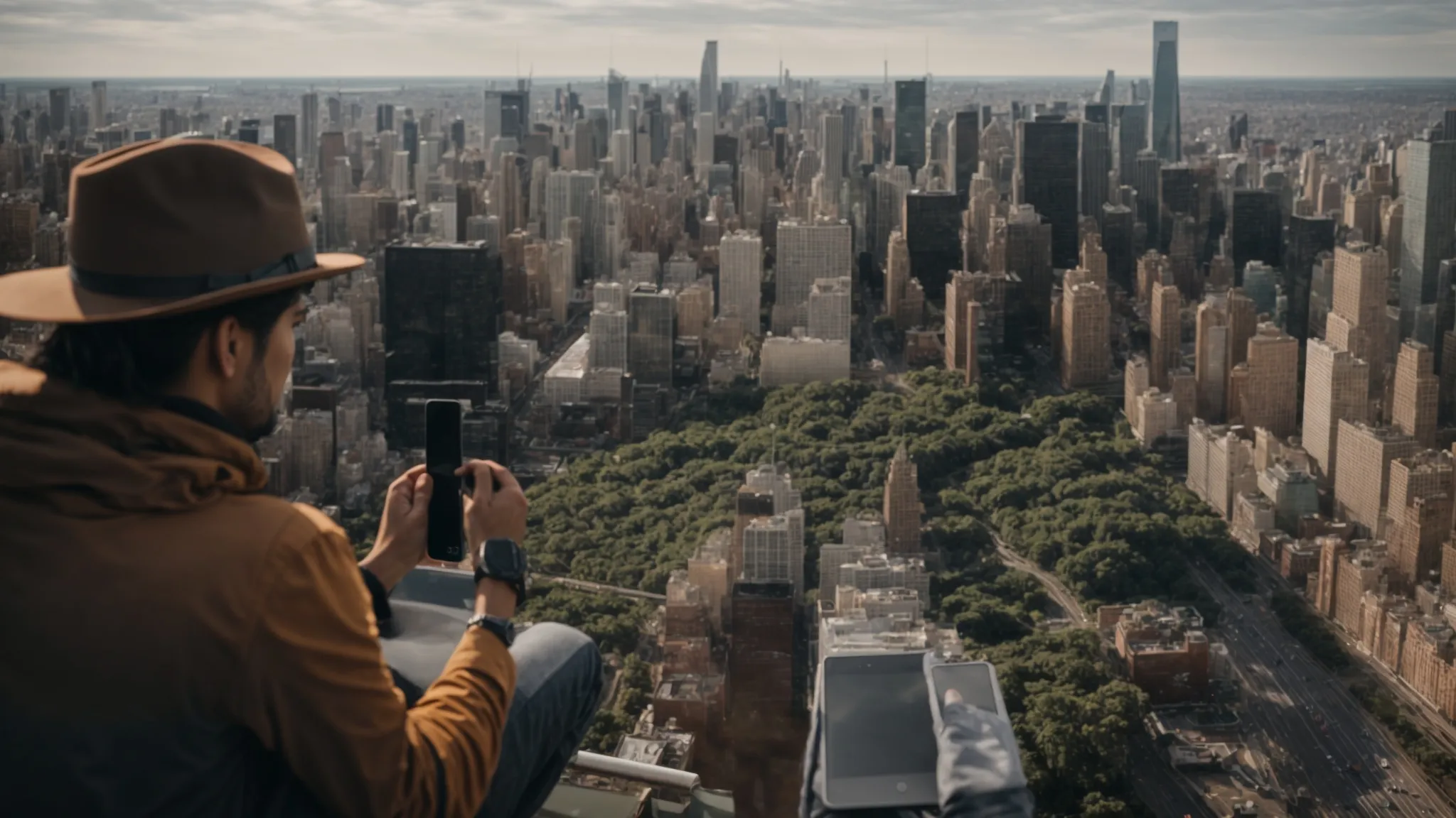 a content creator uses a tablet to design an immersive augmented reality landscape that blends seamlessly into a bustling city scene.