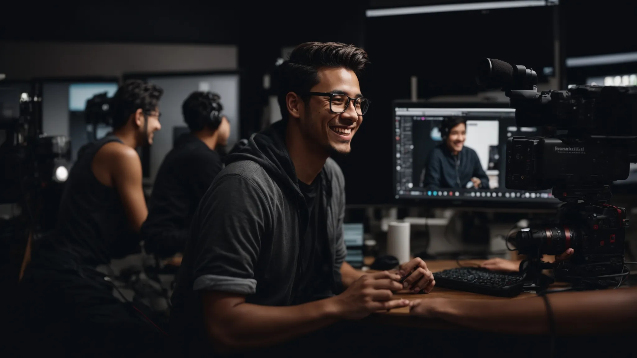 a content creator smiles while engaging with their audience during a live stream on a computer setup adorned with a microphone and camera.
