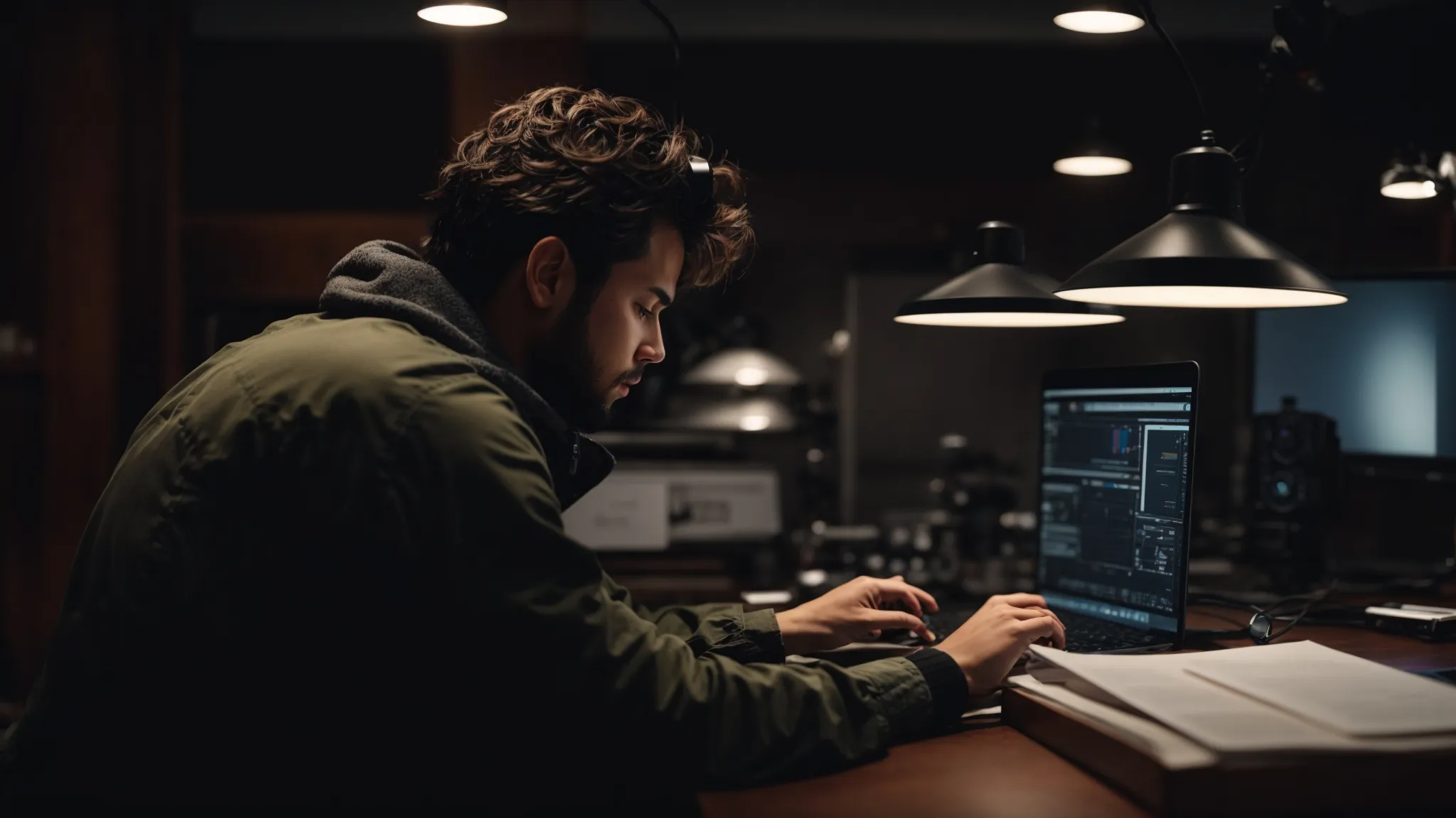 a filmmaker editing a captivating scene on a computer, deeply engrossed in the creative process.