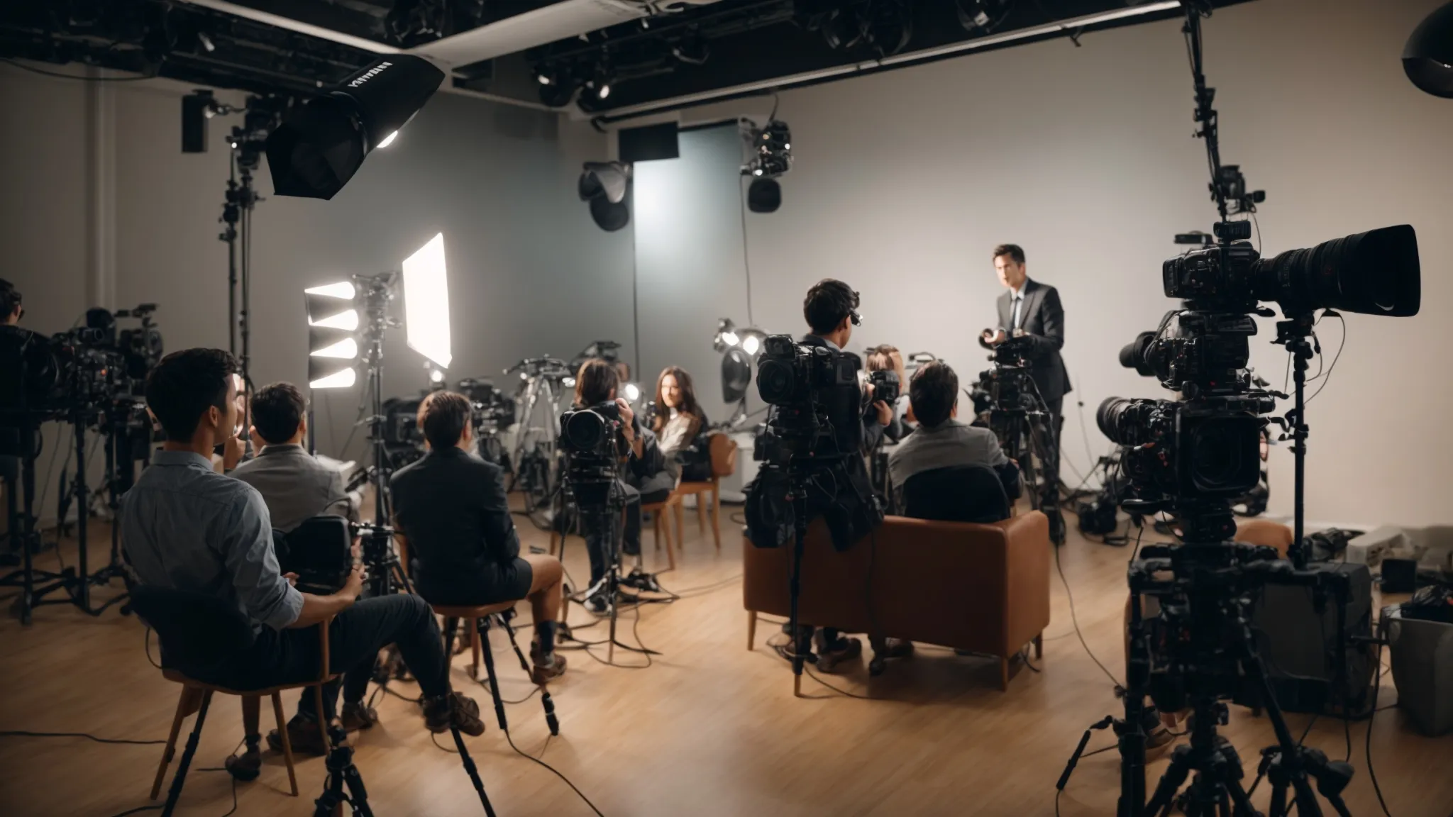 a presenter engaging with a live audience through a camera setup in a well-lit studio.