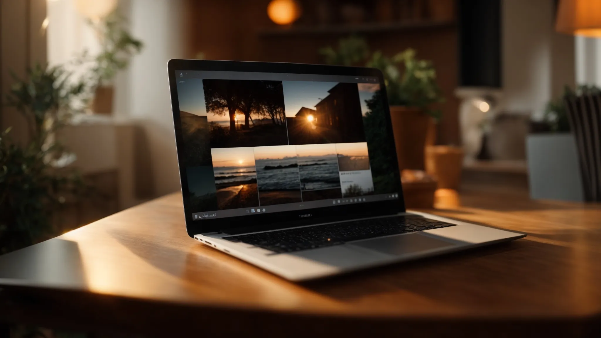 a laptop open to a video streaming website, placed on a table in a cozy room lit by the warm glow of the evening sun.