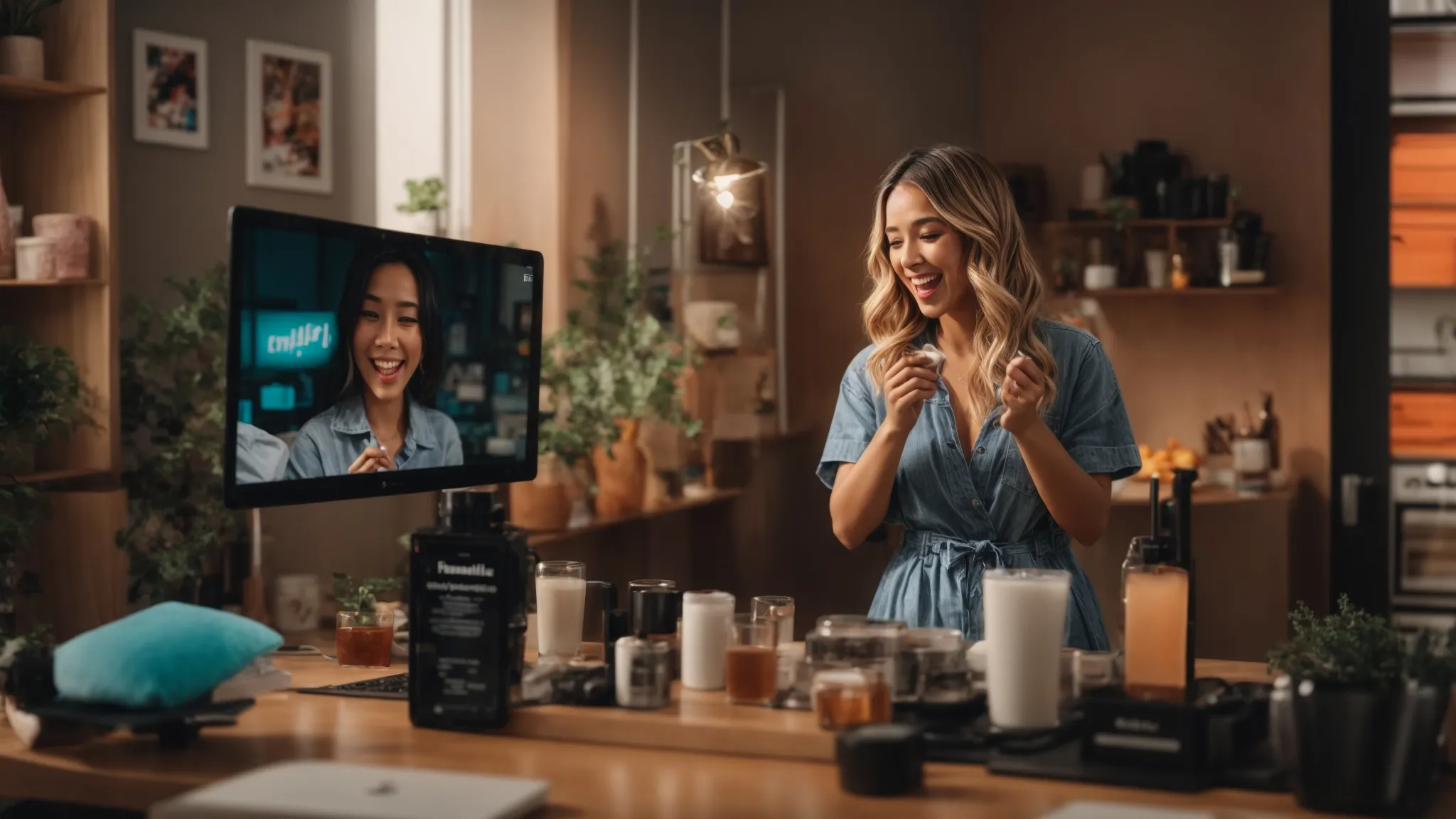 a social media influencer excitedly presents products to an enthusiastic virtual audience on a live stream set against a backdrop of vibrant, soft-lit studio surroundings.