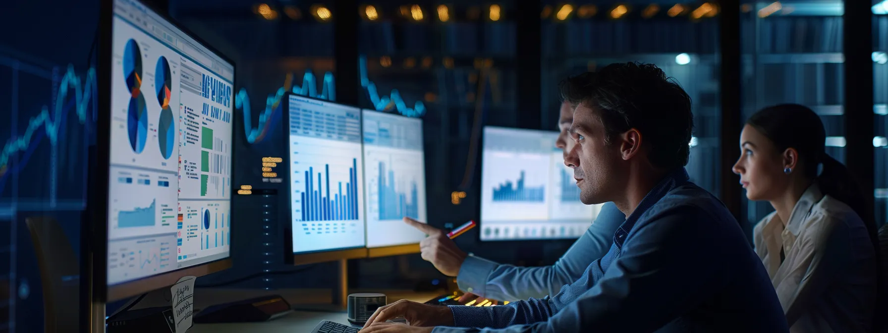 a group of marketers analyzing engagement metrics for video ads on computer screens.