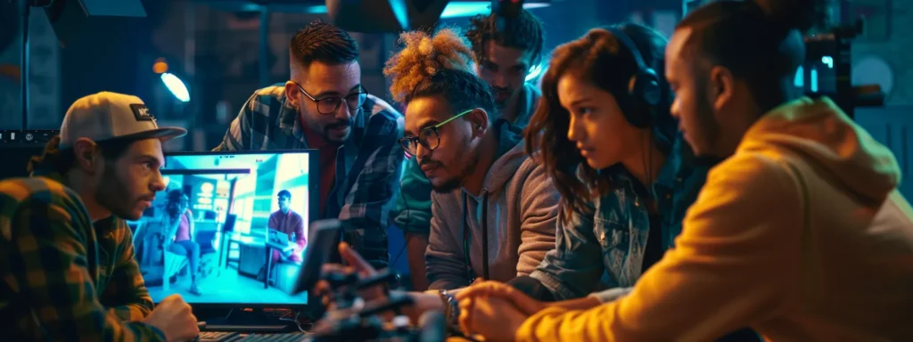 a group of people brainstorming and creating a social media video advertisement strategy.