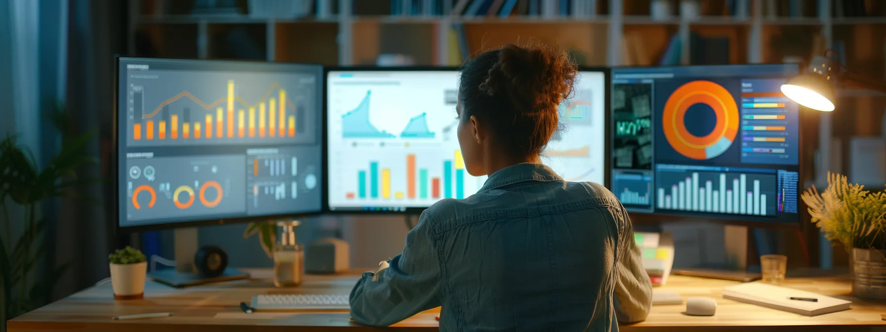 a person analyzing data on a computer screen with graphs and charts showing social media trends and user habits.